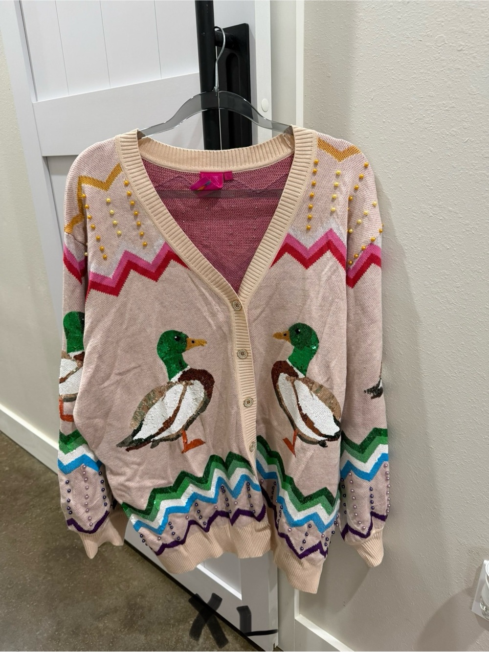 QUEEN OF SPARKLES Pink Duck Motif Button Cardigan